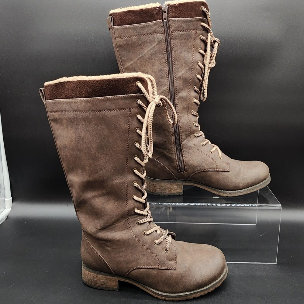 Maurices Nadine 8.5M Brown Faux Shearling Tall Combat Boots Lace Up Zip Lug